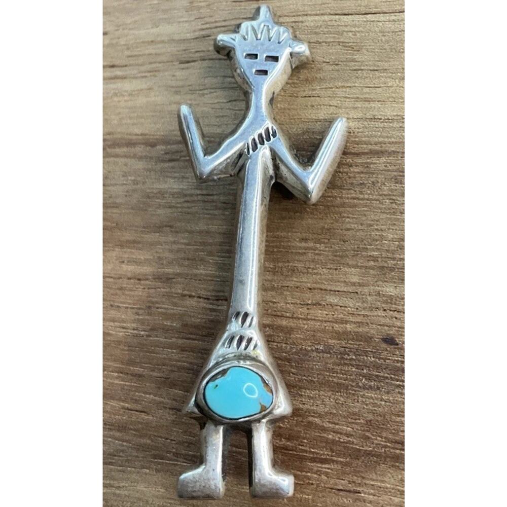 Vintage Turquoise Yei Figure Sterling Silver Brooch Southwestern Native American